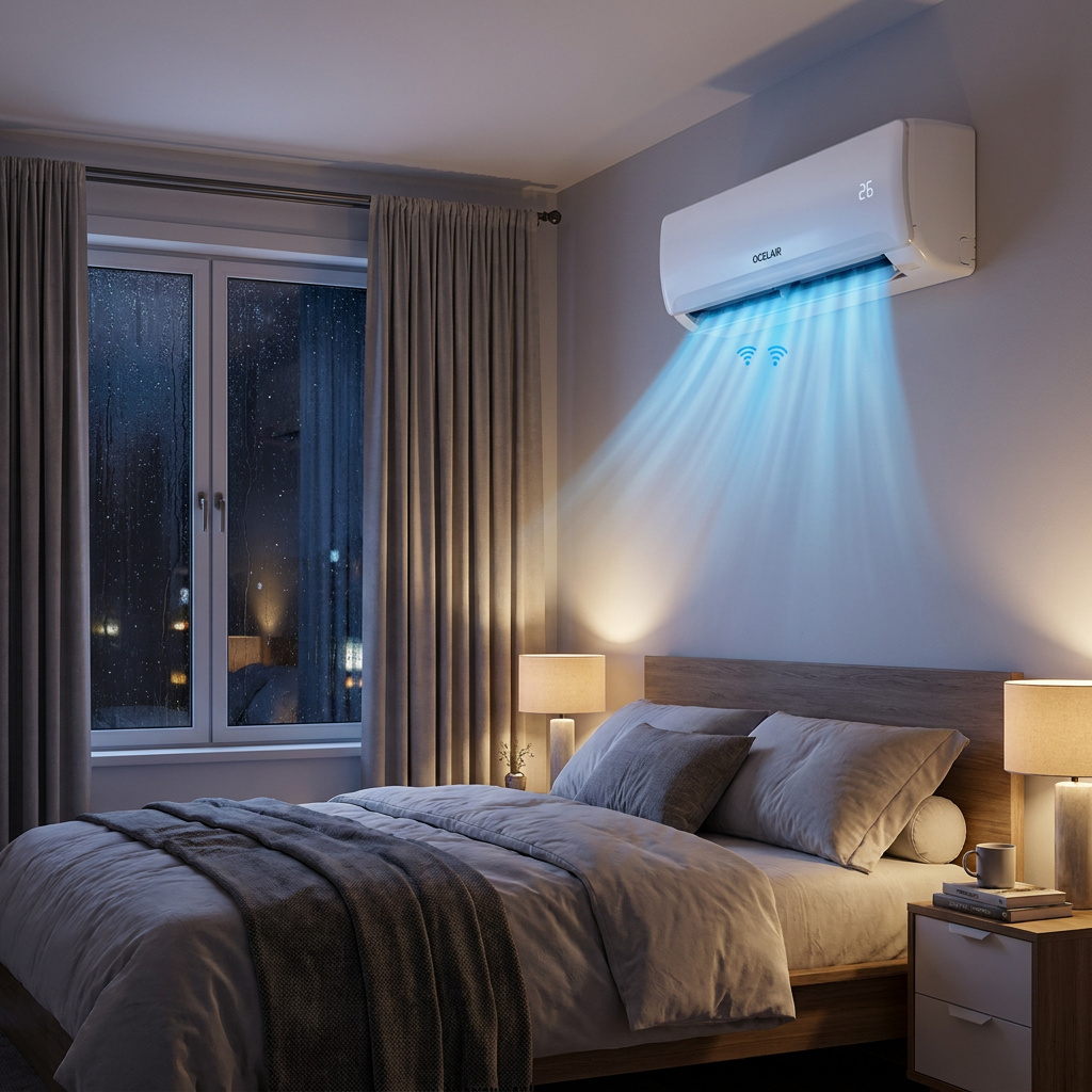 Modern wall-mounted air conditioning unit in a bright UK living room
