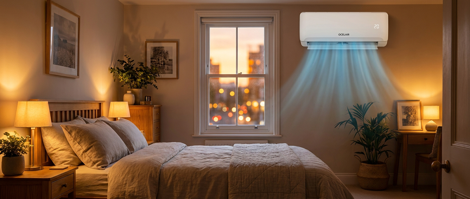 Wall mounted white split air conditioning unit in a UK bedroom
