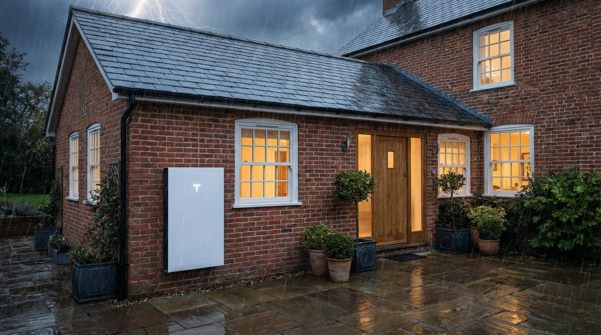 UK brick home with battery storage unit mounted on exterior wall at dusk