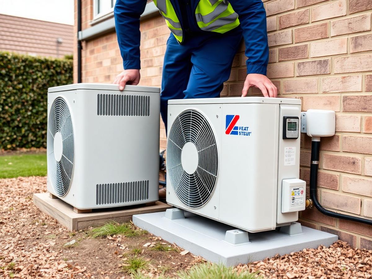 Engineer installing air source heat pump at UK home