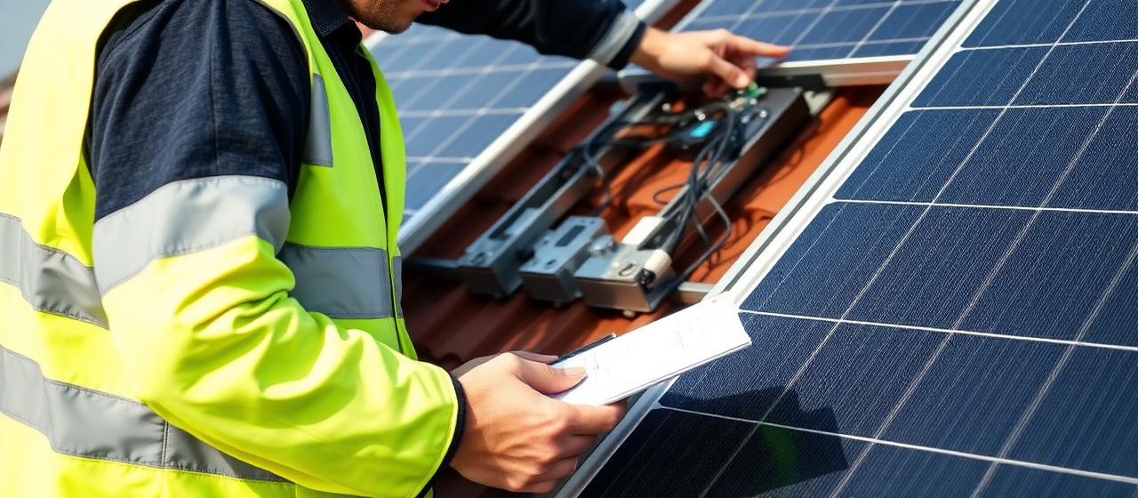 Engineer inspecting solar panel connections during maintenance visit