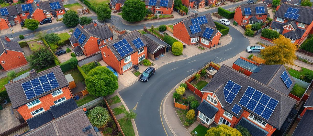 Aerial view of UK homes with different solar system sizes